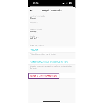 „Citadele“ mobiliosios programėlės Mobilescan ekrano nuotrauka