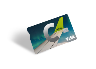 C airBaltic kortelė su C, VISA ir airBaltic logotipais