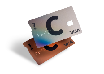 C prime cards one on top of the other with the C and VISA logos and different designs.