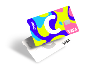 C smart cards one on top of the other with the C and VISA logos and different designs.