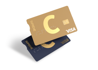 C supreme cards one on top of the other with the C and VISA logos and different designs.