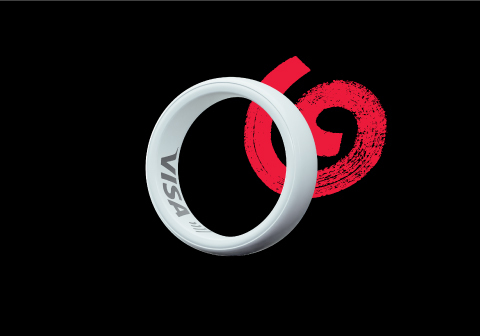 Baltas „Citadele“ banko mokėjimo žiedas. Žiedo vidinėje pusėje matomas VISA logotipas.