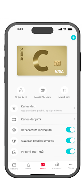 A smartphone screen with the Citadele app interface, showing a C supreme lava card.