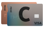 Viena ant kitos sudėtos 'C prime' kortelės su C ir VISA logotipais bei skirtingais dizainais.