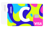 Spalvinga „C Smart“ kortelė su užrašu SMART ir VISA logotipu.