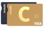 C Supreme kortelės, sudėtos viena ant kitos, su C ir VISA logotipais bei skirtingais dizainais.