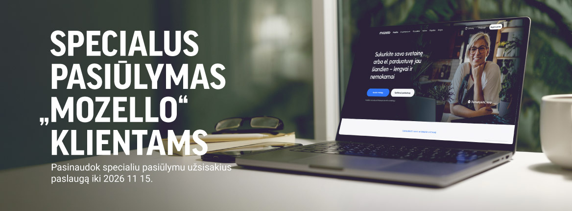Specialus pasiūlymas „Mozello“ klientams, rodomas šalia nešiojamojo kompiuterio ekrane atidarytos „Mozello“ svetainės.