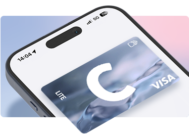 Išmaniojo telefono ekranas su atidaryta „Citadele“ programėle ir matoma virtualia „C lite“ kortele; fone pateiktas tekstas 