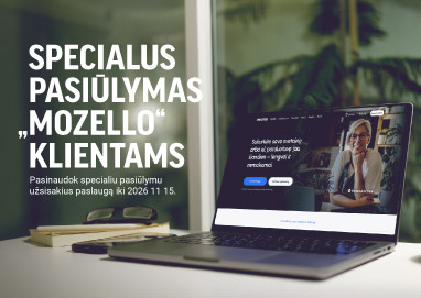 Specialus pasiūlymas „Mozello“ klientams, rodomas šalia nešiojamojo kompiuterio ekrane atidarytos „Mozello“ svetainės.