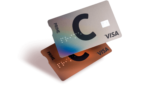 C prime cards one on top of the other with the C and VISA logos and different designs.