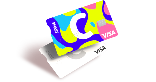 C smart cards one on top of the other with the C and VISA logos and different designs.