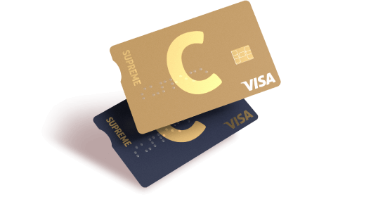 C supreme cards one on top of the other with the C and VISA logos and different designs.