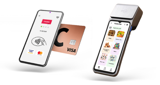 A smartphone displaying a contactless payment symbol with a Citadele Bank card beside it, next to a POS payment terminal showing a product selection interface on its screen.