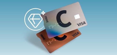 Viena ant kitos sudėtos 'C prime' kortelės su C ir VISA logotipais bei skirtingais dizainais.