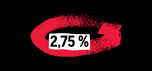 Raudonas teptuko potėpis su tekstu 2,75 %.