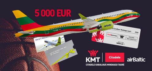 Citadele KMT ir airBaltic logotipai, airBaltic lėktuvas su Lietuvos vėliava, krepšinio kamuolys ir bilietai tamsiame fone.