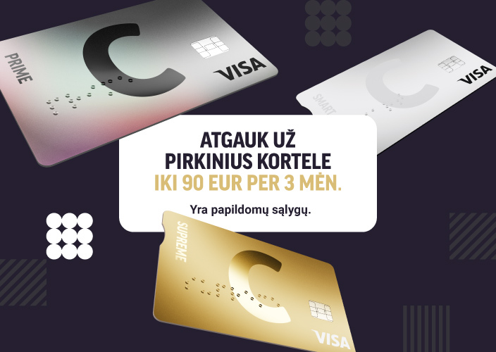 Three cards featuring the C logo and the VISA symbol move across a dark background: one card is gold, another is white, and the third is gray with a rainbow reflection, text block in the middle.