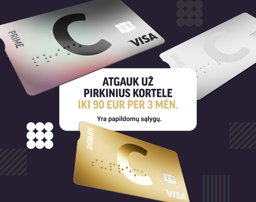 Three cards featuring the C logo and the VISA symbol move across a dark background: one card is gold, another is white, and the third is gray with a rainbow reflection, text block in the middle.