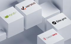White blocks displaying the logos of Citadele business partners, including Varlė, Verskis, Site.pro, and Creditinfo, arranged on a light grey 3D background. The image represents partner offers for businesses.