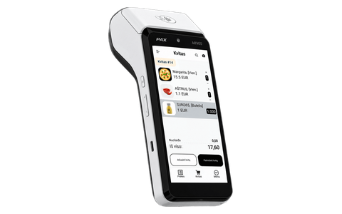 PAX A8900 payment terminal with an open receipt on screen, listing items and a total of 17.60 EUR.