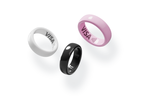 Pink, white and black payment rings with the VISA logo.