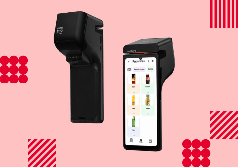 SUNMI P3 black payment terminal shown from the back, with its built-in receipt printer, and then from the front, with the cash register screen open.