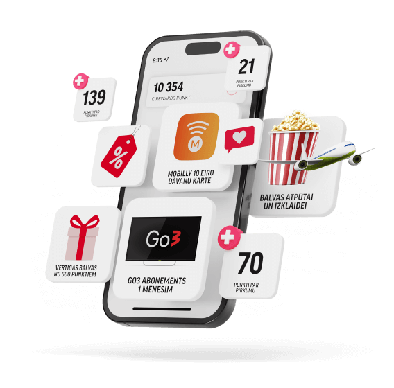 A smartphone with prize icons from the C REWARDS loyalty programme.