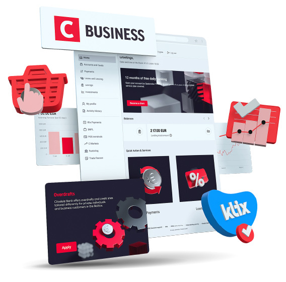 The C Business platform home page with balance overview, quick actions and services, surrounded by floating elements: an overdraft offer card, a shopping basket icon, a sales chart and the Klix by Citadele logo.