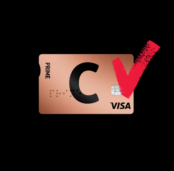 „Citadele“ banko „C prime“ kortelė su C ir VISA logotipu.