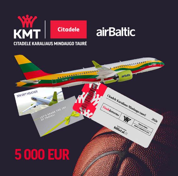 Citadele KMT ir airBaltic logotipai, airBaltic lėktuvas su Lietuvos vėliava, krepšinio kamuolys ir bilietai tamsiame fone.