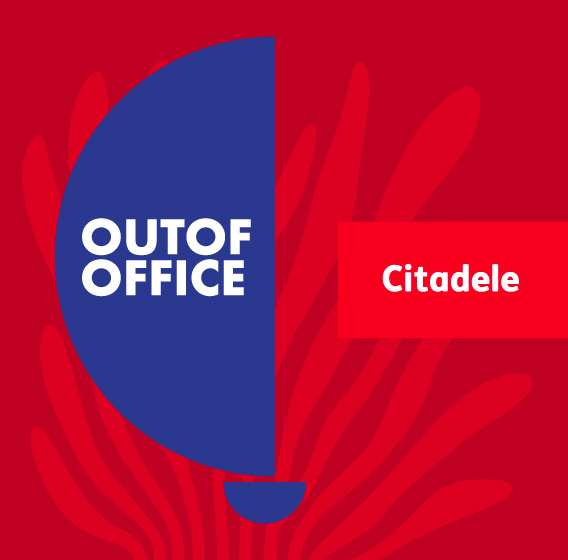 „Citadele“ banko ir „Out of Office“ partnerystės vizualas raudoname fone su „Out of Office“ ir „Citadele“ banko logotipais.