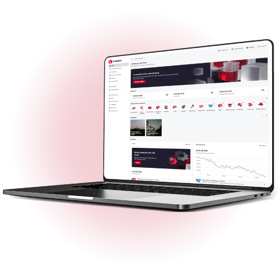 A laptop displaying the Citadele internet bank home page with account overview, a consumer loan offer and promotional highlights, one of which, featuring a payment ring, extends beyond the screen.