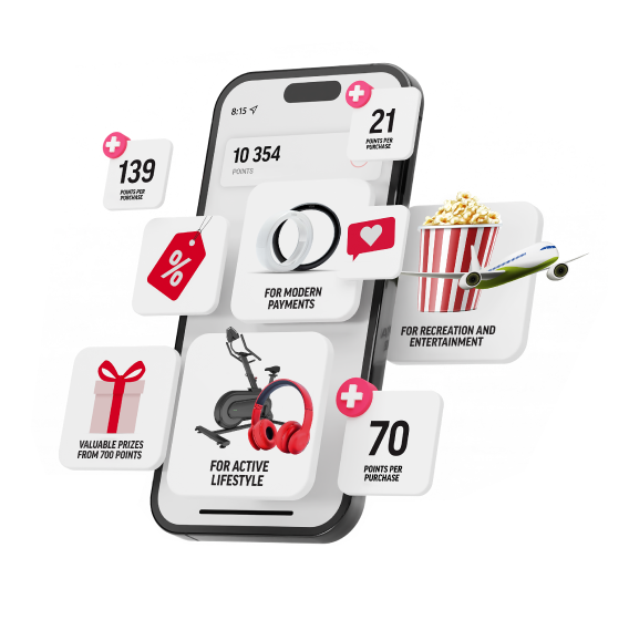 A smartphone with prize icons from the C REWARDS loyalty programme.