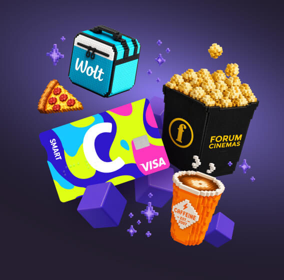 Citadele C smart card with the VISA logo and prizes – pizza, burger, Forum Cinemas popcorn and a Hooligaan drink