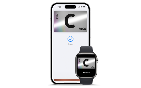 iPhone ir Apple Watch ekranuose rodoma 'Apple Wallet', ekranuose 'Citadele' C kortelė – pilka, su vaivorykštės blizgesiu.