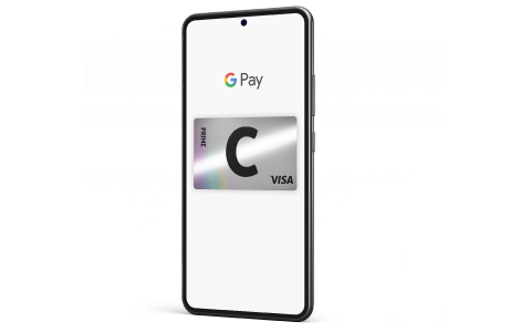 Telefonas su 'Google Pay', ekrane – virtuali 'Citadele' banko 'C prime' kortelė, pilka, su vaivorykštės blizgesiu.
