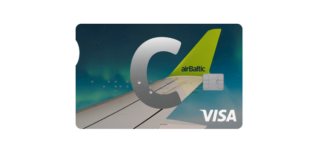 C airBaltic kortelė su C, VISA ir airBaltic logotipais