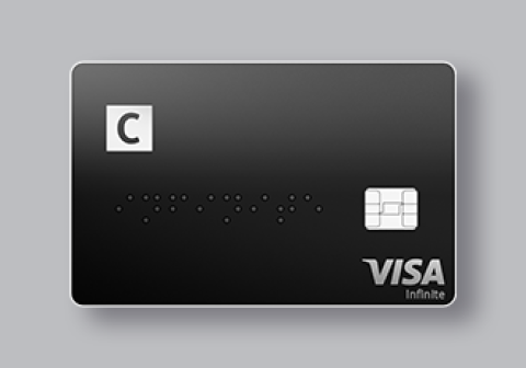 A black Citadele C Infinite card with the C logo in the top left corner, a chip, and the VISA logo in the bottom right corner.