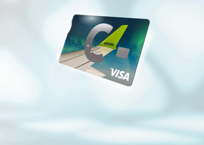 C airBaltic kortelė su C, VISA ir airBaltic logotipais
