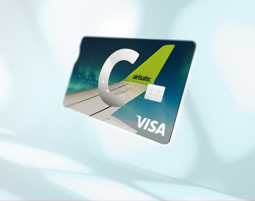 C airBaltic kortelė su C, VISA ir airBaltic logotipais